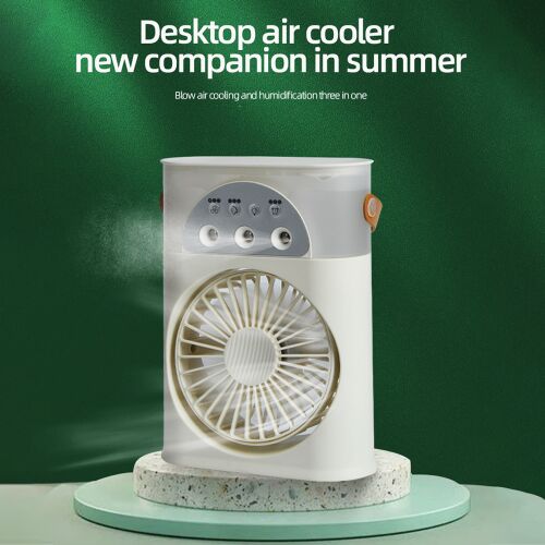 portable desktop air cooler, beige, in a summer cooling scene