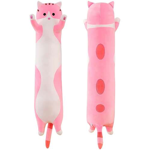 Dollcini long plush cat, pink and white, front and back view