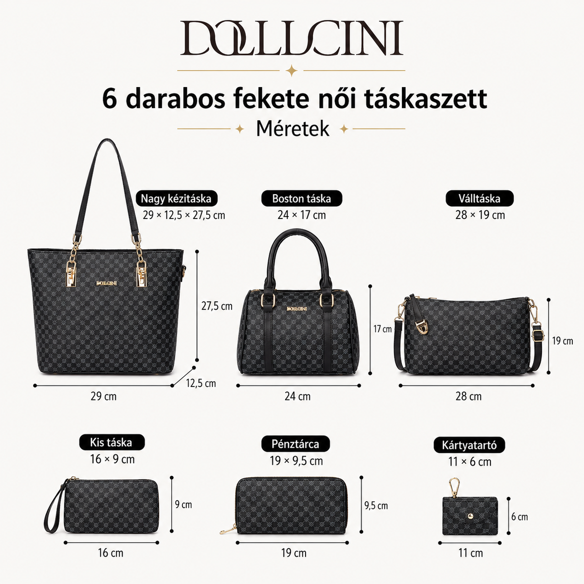 Dollcini 6 darabos női táskaszett – fekete kockás műbőr