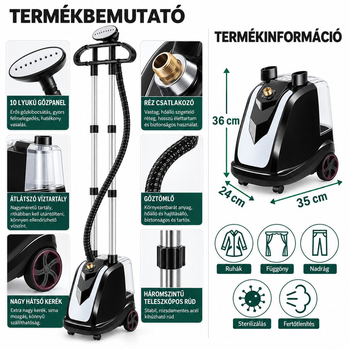 Dollcini Aparat de aburire pentru haine din cupru integral 2200W – rezervor de 35 L, cap de abur cu 10 orificii, negru