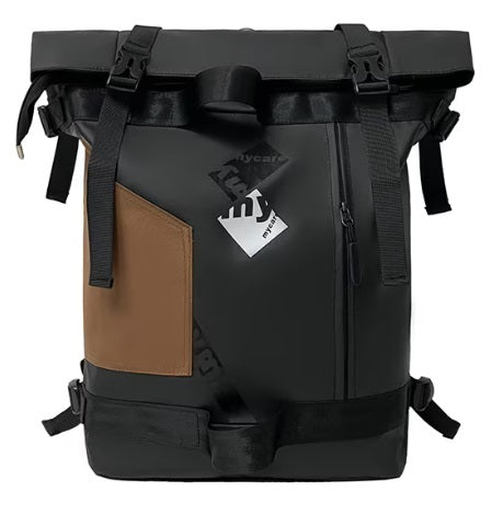 black-brown roll-top unisex laptop backpack, front view, with a brown side panel