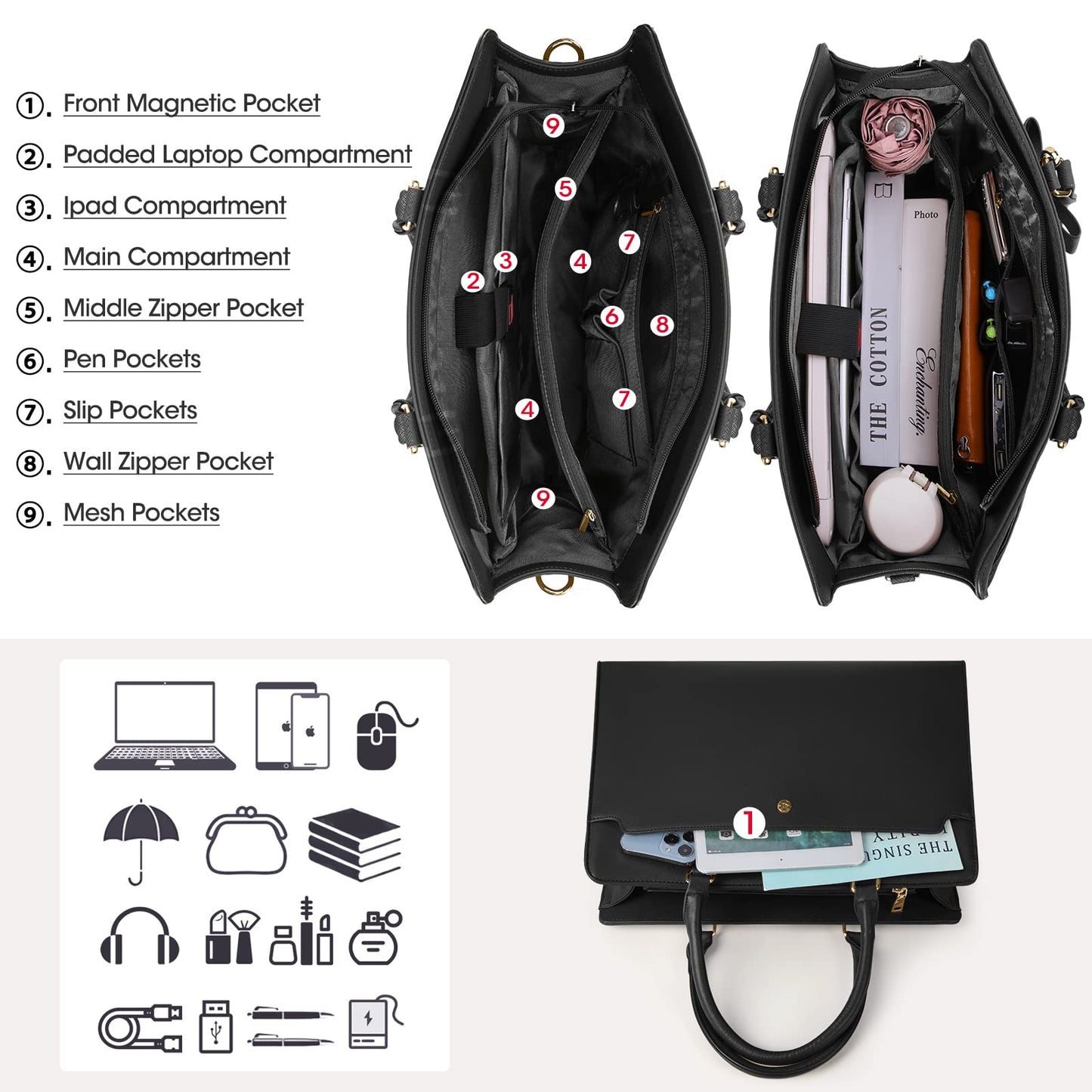 Dollcini Női Laptoptáska – Vízálló Műbőr Válltáska, 15,6" Laptophoz