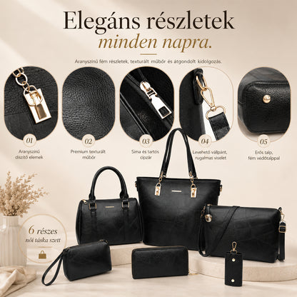 Dollcini Női Kézitáska Szett – 6 db-os Elegáns Műbőr Táska Szett,Tiszta Fekete