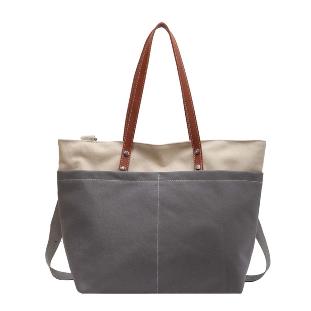 geantă shopper de damă din nylon, gri-bej, vedere frontală, cu barete de umăr maro