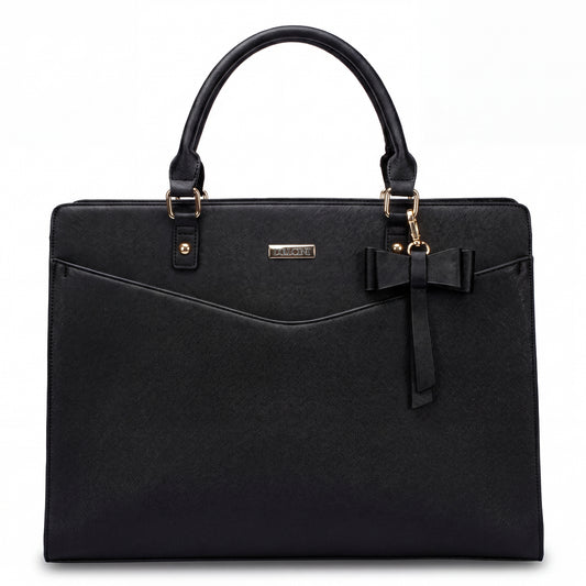 black women's laptop bag front view, with gold buckles and a curved front pocket