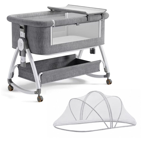 Dollcini Home Foldable Crib Baby Bassinet with Mattress and Storage Basket, Adjustable Height, Gray