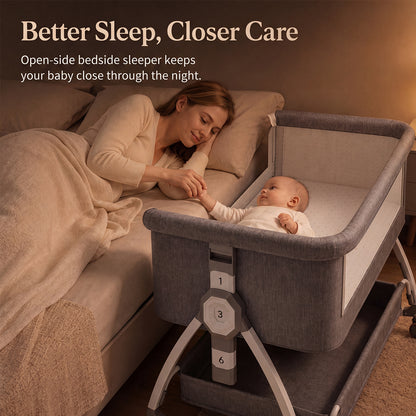 Dollcini Home Foldable Crib Baby Bassinet with Mattress and Storage Basket, Adjustable Height, Gray