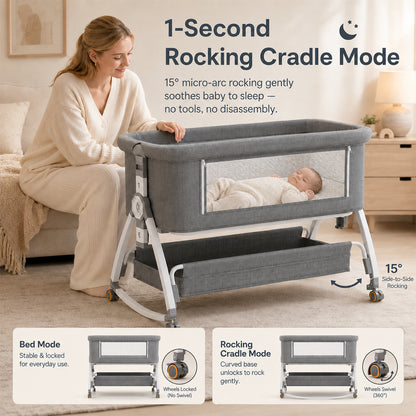 Dollcini Home Foldable Crib Baby Bassinet with Mattress and Storage Basket, Adjustable Height, Gray