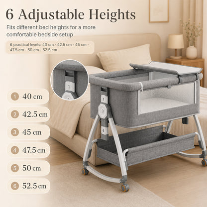 Dollcini Home Foldable Crib Baby Bassinet with Mattress and Storage Basket, Adjustable Height, Gray