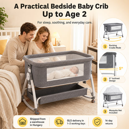 Dollcini Home Foldable Crib Baby Bassinet with Mattress and Storage Basket, Adjustable Height, Gray
