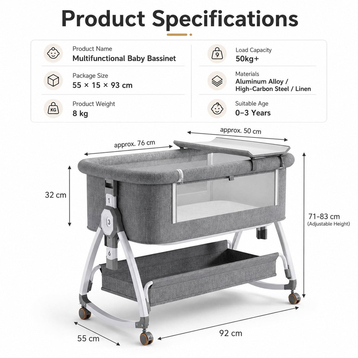 Dollcini Home Foldable Crib Baby Bassinet with Mattress and Storage Basket, Adjustable Height, Gray