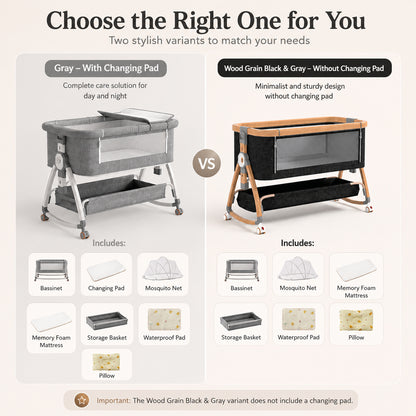 Dollcini Home Foldable Crib Baby Bassinet with Mattress and Storage Basket, Adjustable Height, Gray