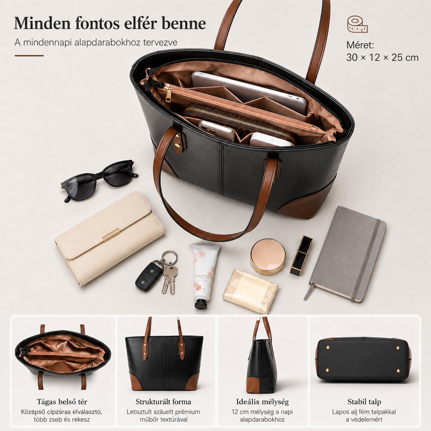 Dollcini, Női Nagy Méretű Tote Kézitáska – Urban Simplicity Stílus, Cipzáras, Mindennapi Használatra