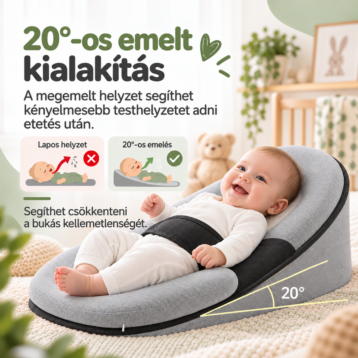 Dollcini szürke babapárna – a 20 fokos döntött kialakítás szemléltetése