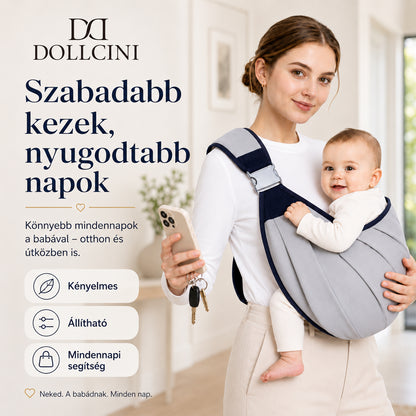 Dollcini Állítható Baba Hordozókendő – Szürke, 0–24 hó, max. 20 kg