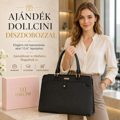 Dollcini Női Laptoptáska 15,6” – Elegáns Fekete Munkatáska, Továbbfejlesztett- lopásgátló zsebbel + kulcstartóval