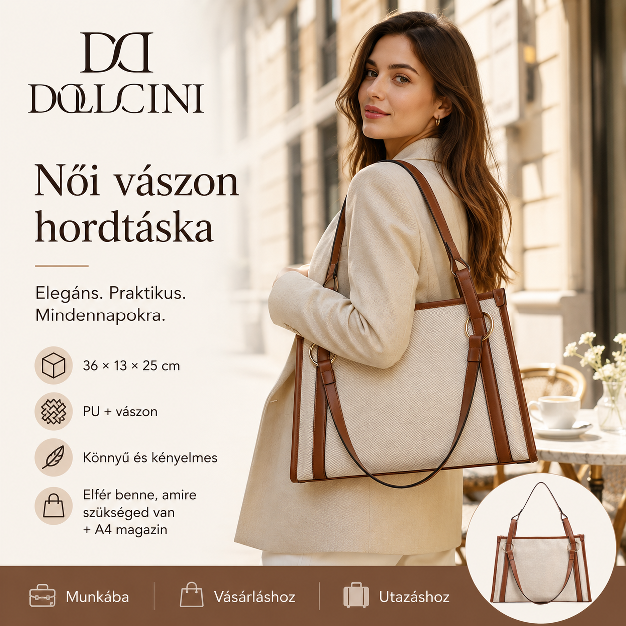 Dollcini Női Vászon Hordtáska – Alkalmi Cipzáras Válltáska Utazáshoz