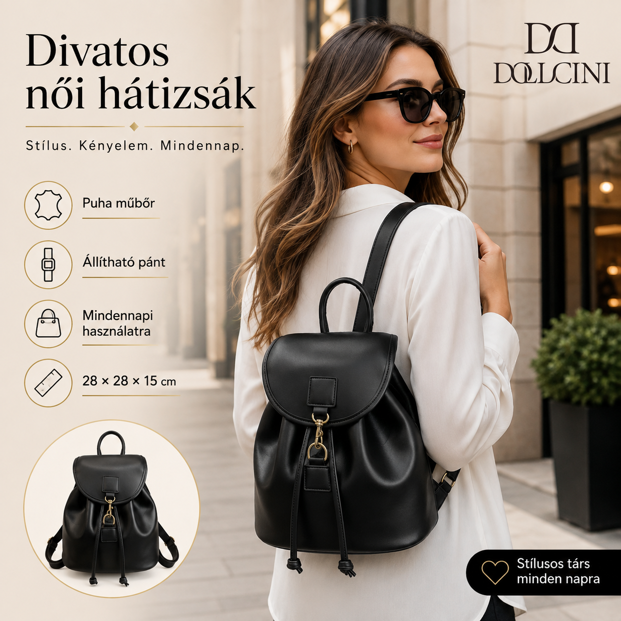 Dollcini Divatos Női Hátizsák – Elegáns és Praktikus Műbőr Táska