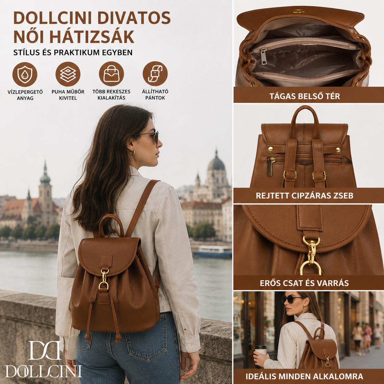 Dollcini Divatos Női Hátizsák – Elegáns és Praktikus Műbőr Táska