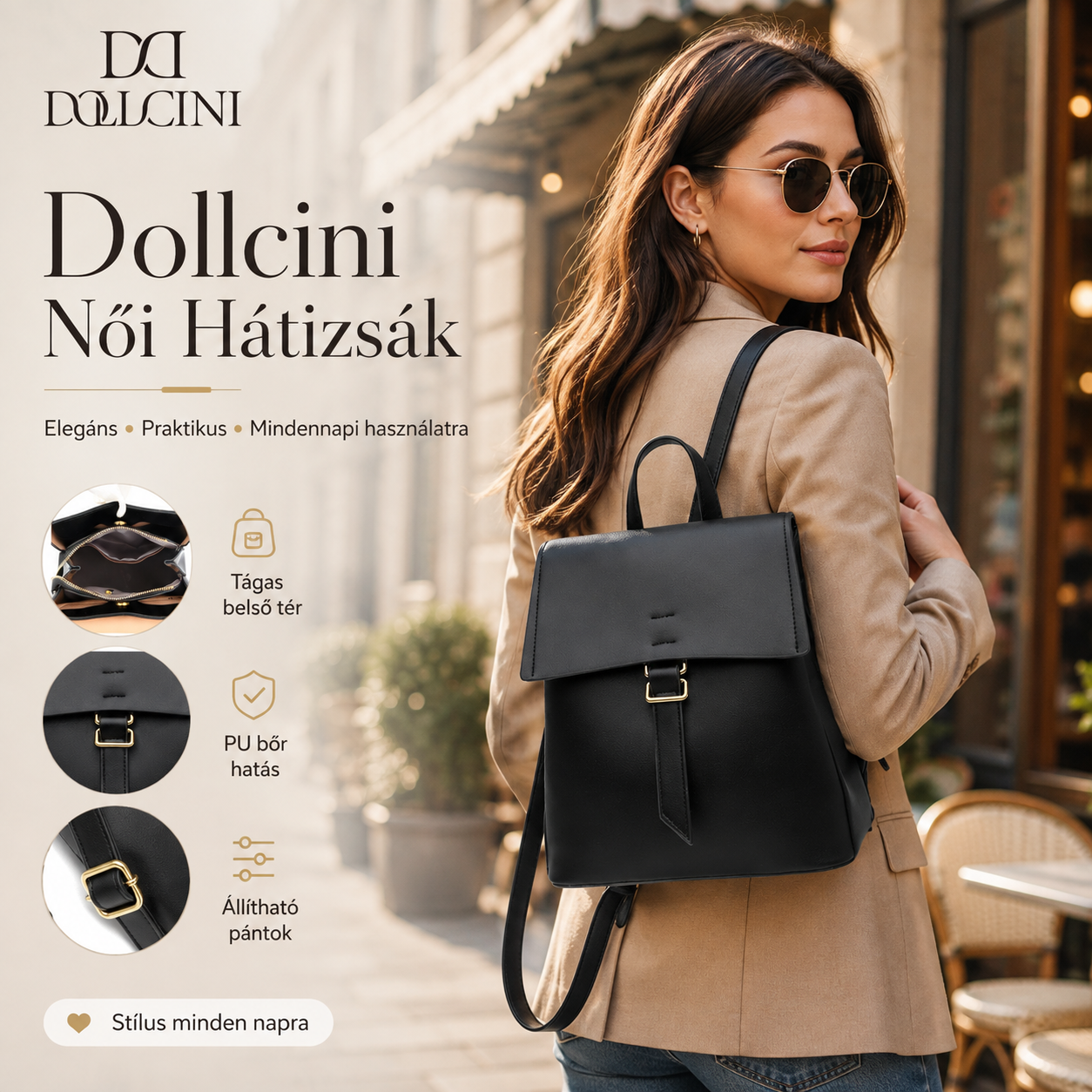Dollcini Női Hátizsák – Prémium Műbőr, Állítható Pánttal, Elegáns