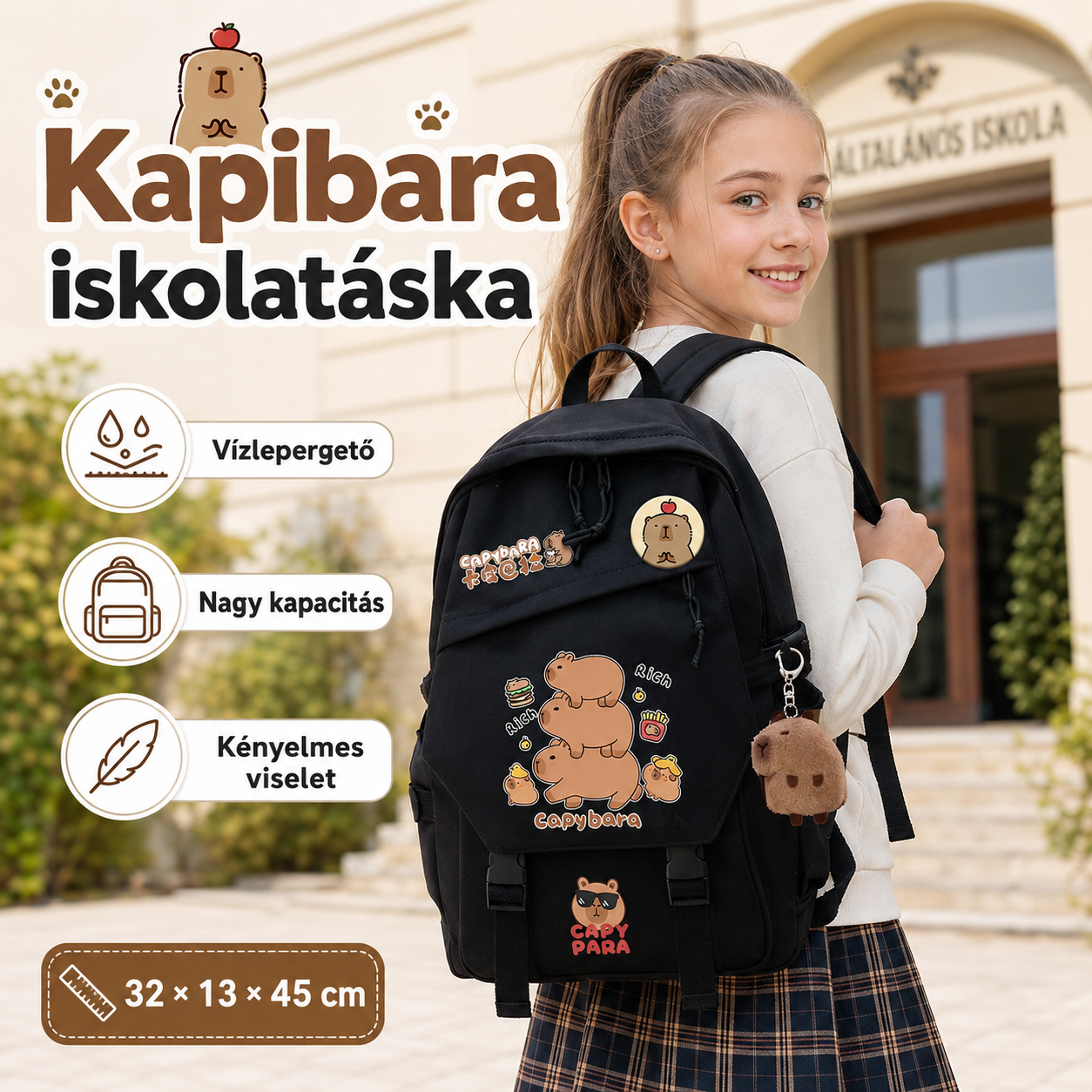 Dollcini Elegáns Uniszex Iskolatáska – Divatos, Fekete Hátizsák