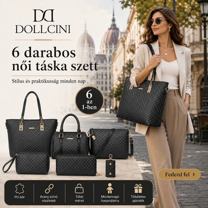 Dollcini 6 darabos női táskaszett – fekete kockás műbőr