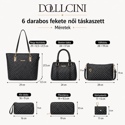Dollcini 6 darabos női táskaszett – fekete kockás műbőr
