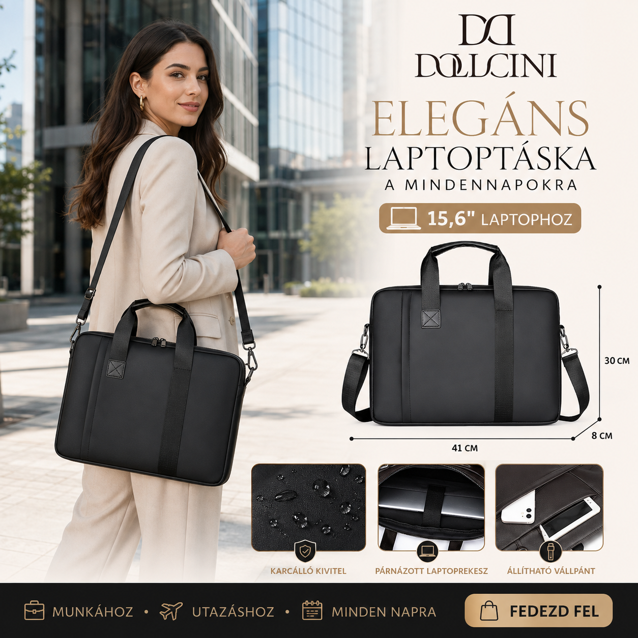 Dollcini Geantă de laptop – rezistentă la uzură, nylon negru (impermeabil)