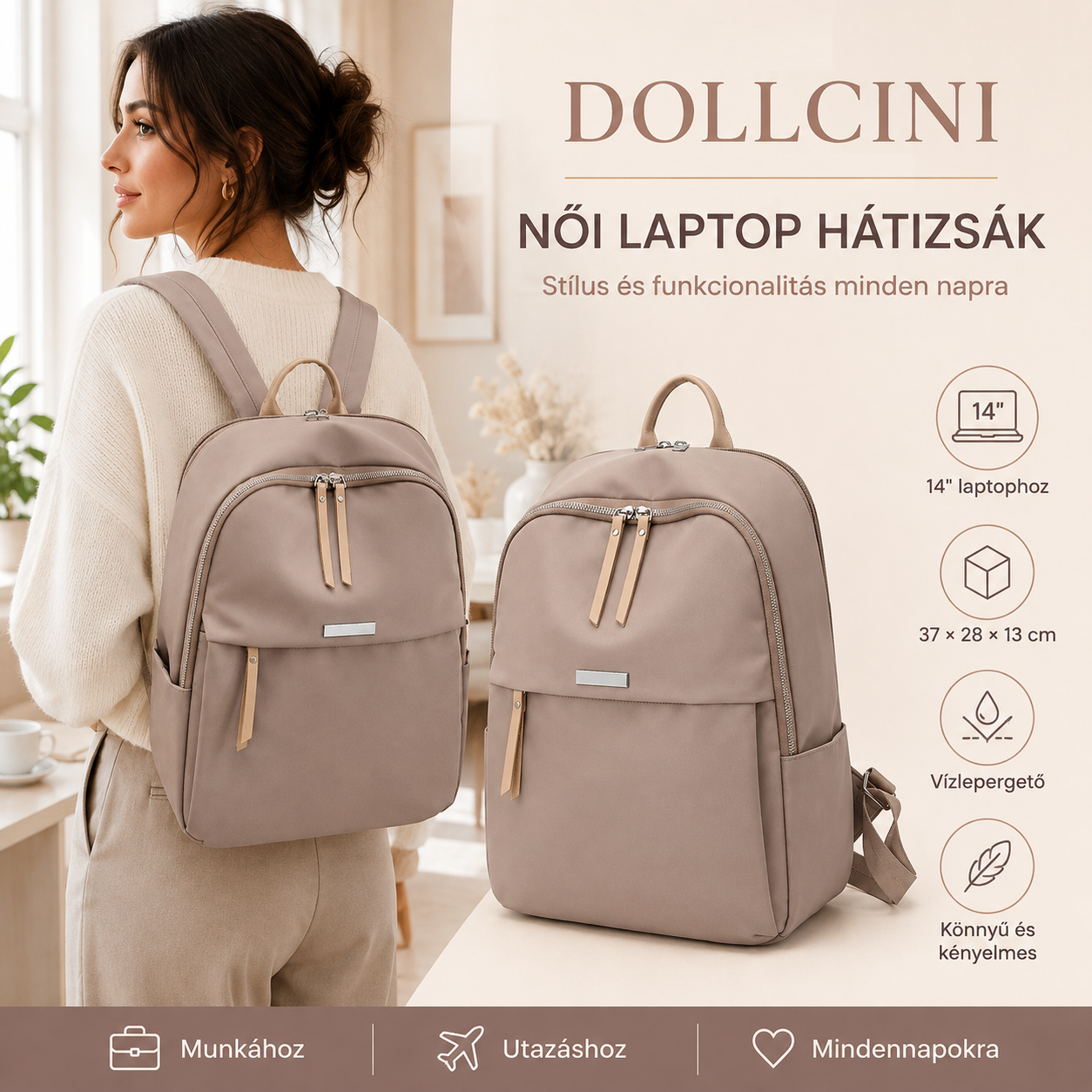 Dollcini Női Laptop Hátizsák 14”-os Laptophoz – Vízálló és Ergonomikus