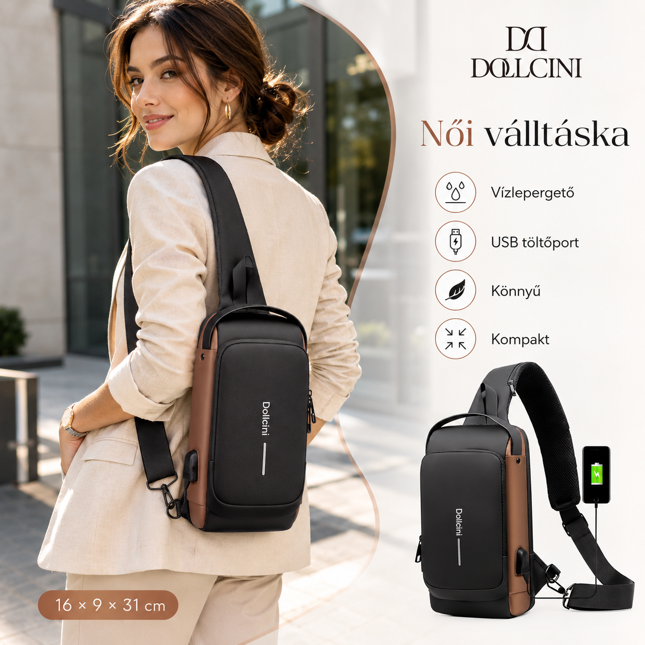 Dollcini Női Melltáska USB Porttal – Kombinált Záras Válltáska