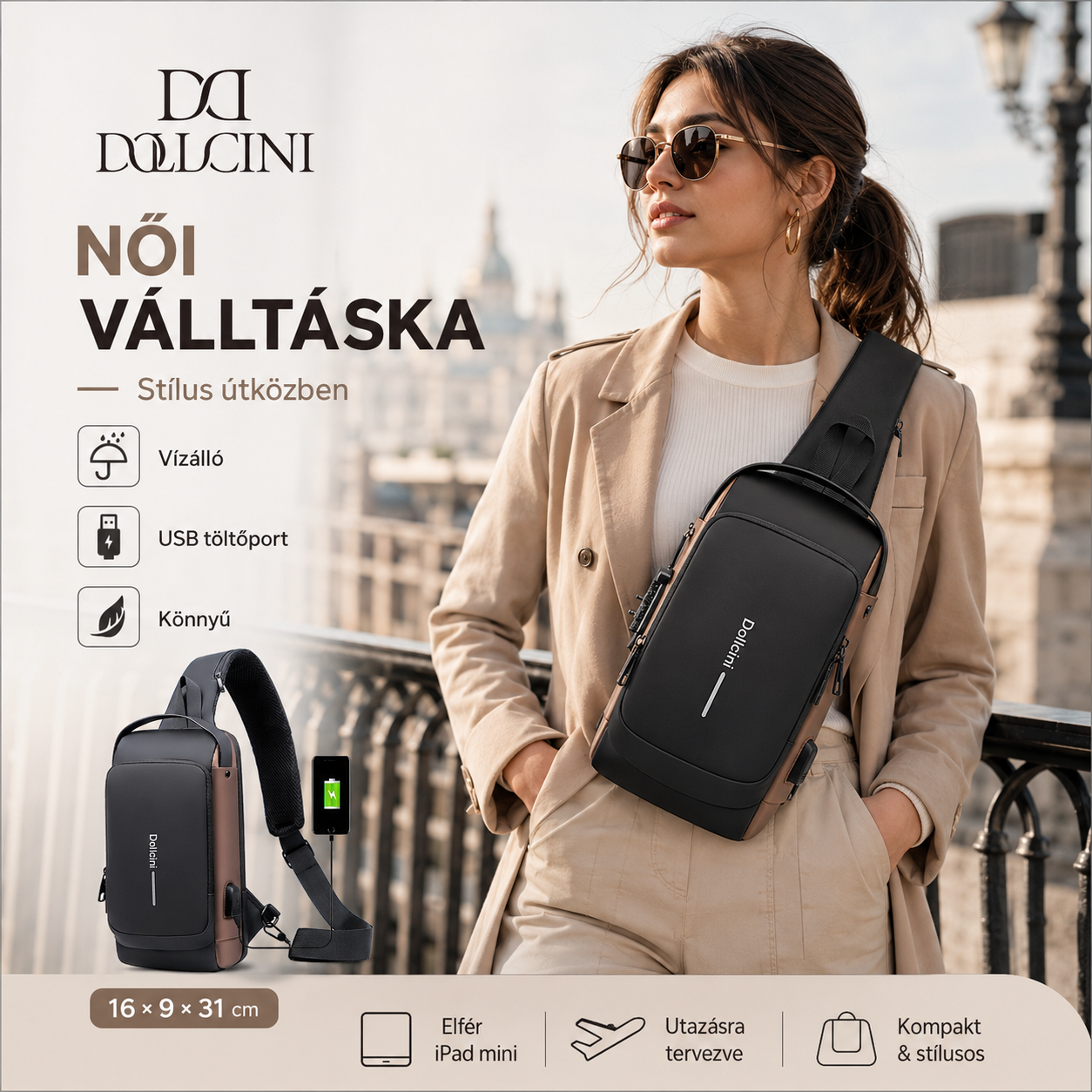 Dollcini Női Melltáska USB Porttal – Kombinált Záras Válltáska