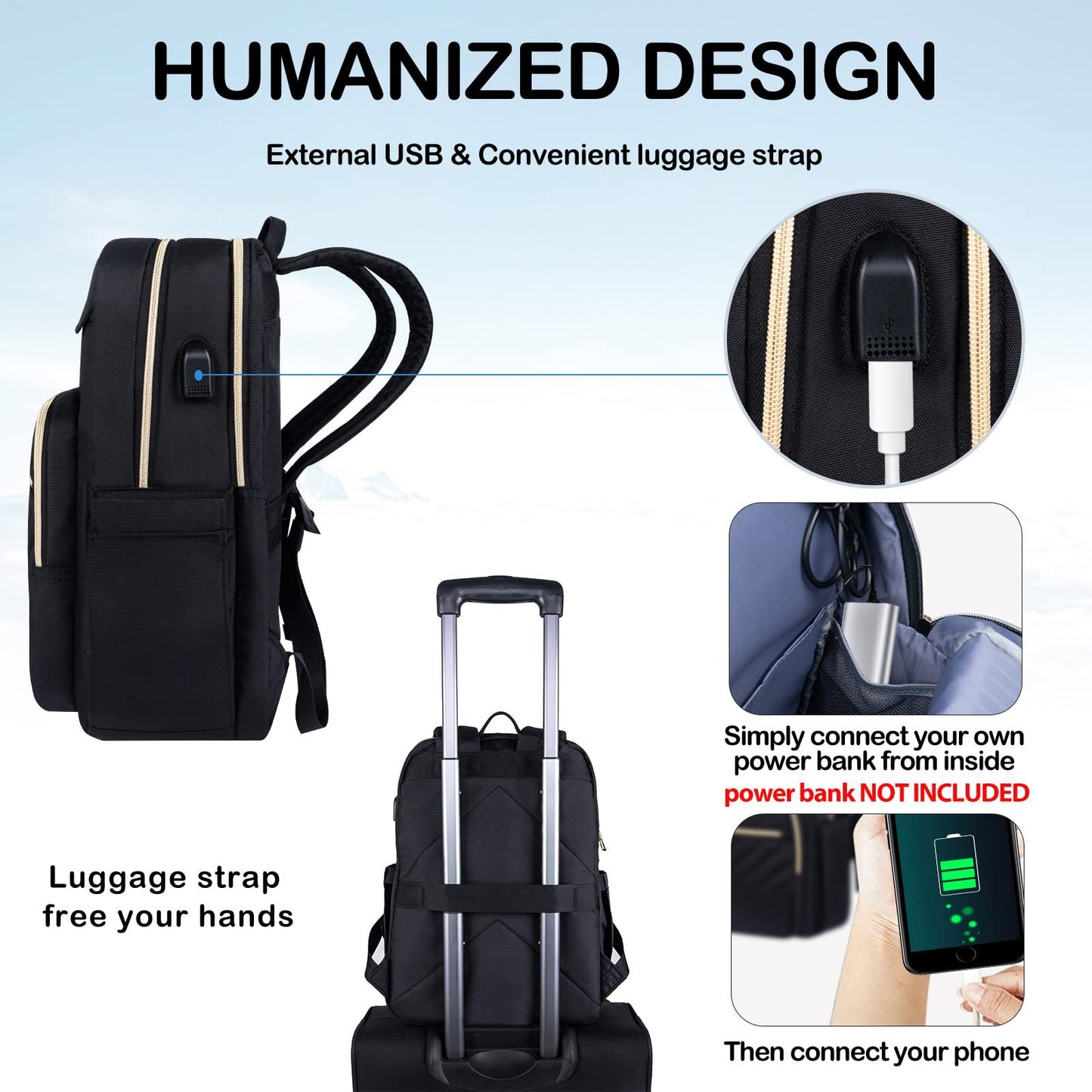 Dollcini Rucsac Urban pentru Femei cu Port USB – Ușor, Rezistent la Apă, pentru Laptop de 15”