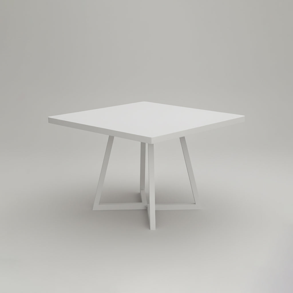 modern 80 x 80 cm étkezőasztal, fehér négyzetes lappal és fehér lábakkal