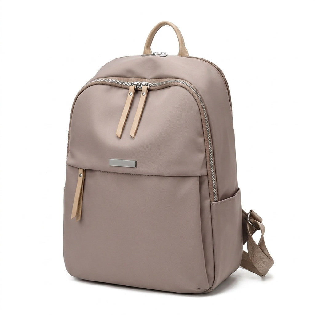 alt
rucsac de laptop pentru femei, bej-gri, vedere din față, cu fermoare în tonuri aurii