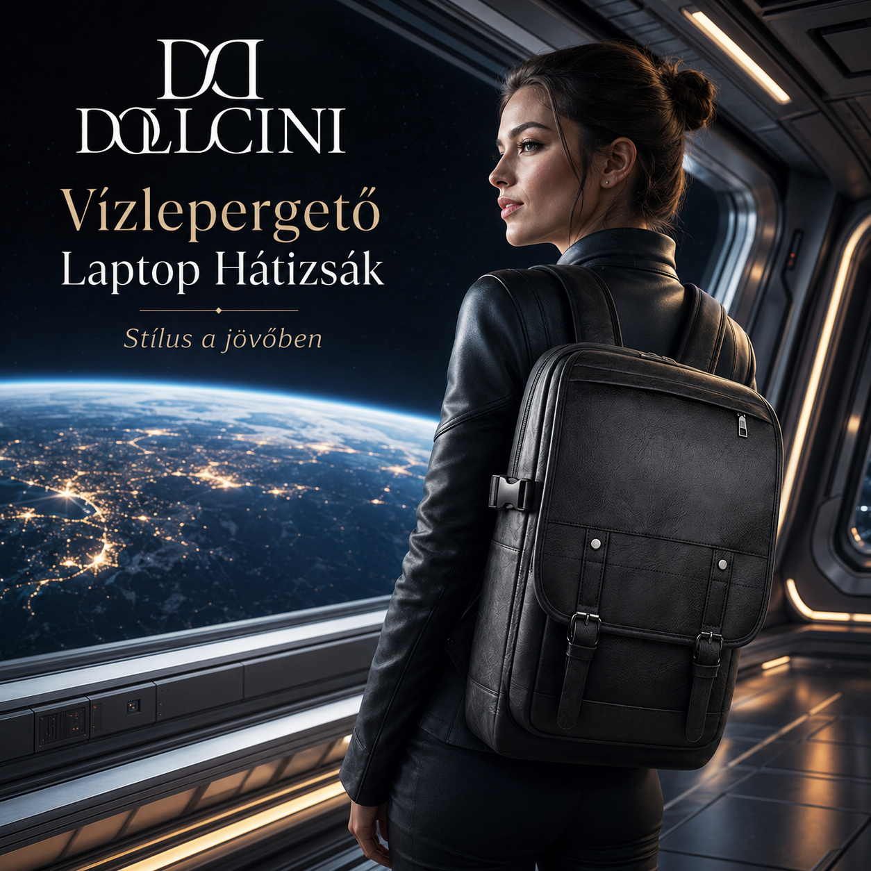 Dollcini fekete női laptop hátizsák vízlepergető kialakítással, magyar női modellen egy űrállomáson, Föld panorámával