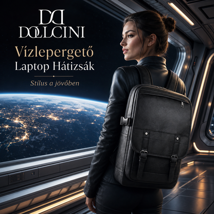 Dollcini fekete női laptop hátizsák vízlepergető kialakítással, magyar női modellen egy űrállomáson, Föld panorámával