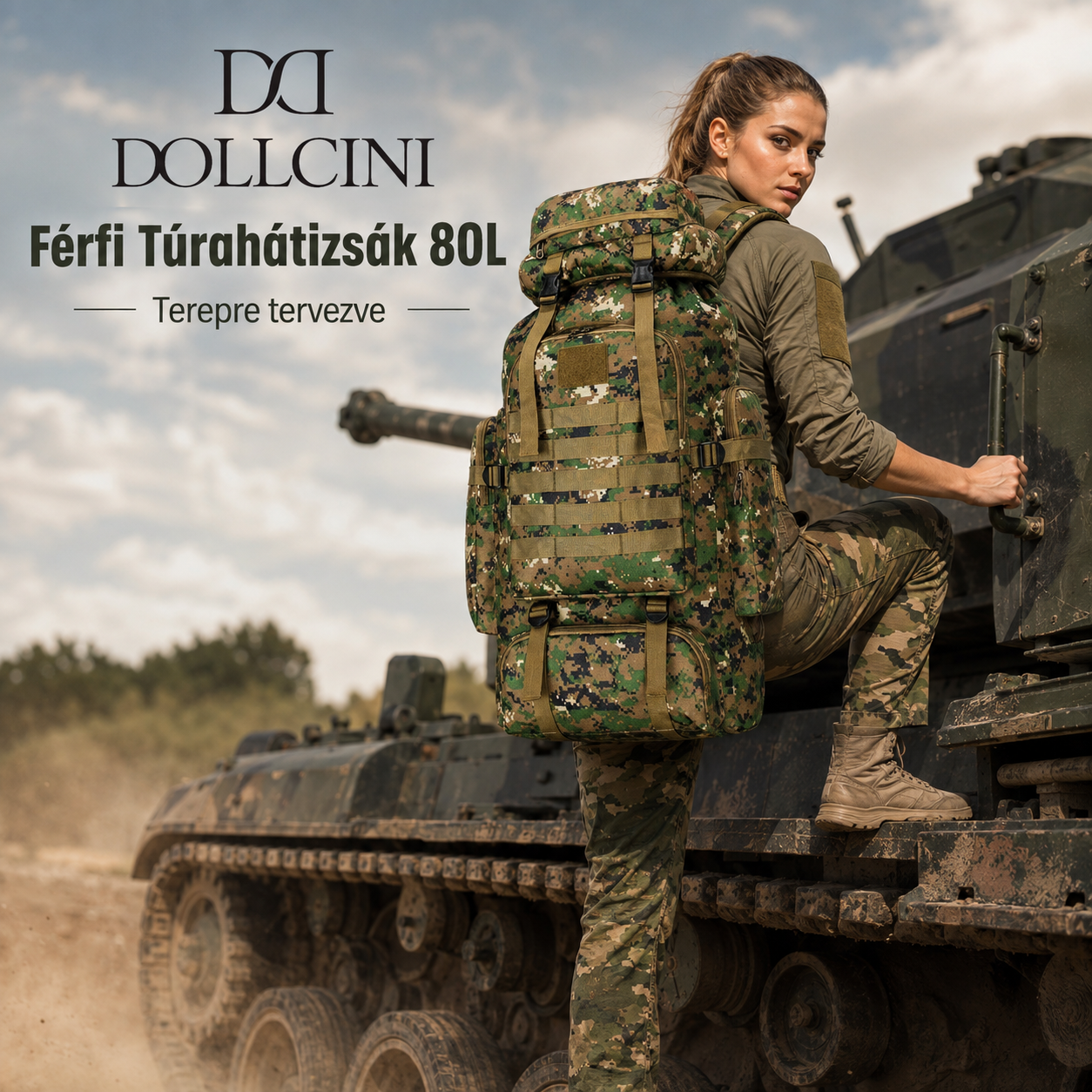 Dollcini Katonai Stílusú Férfi Túrahátizsák – 80L, Vízálló