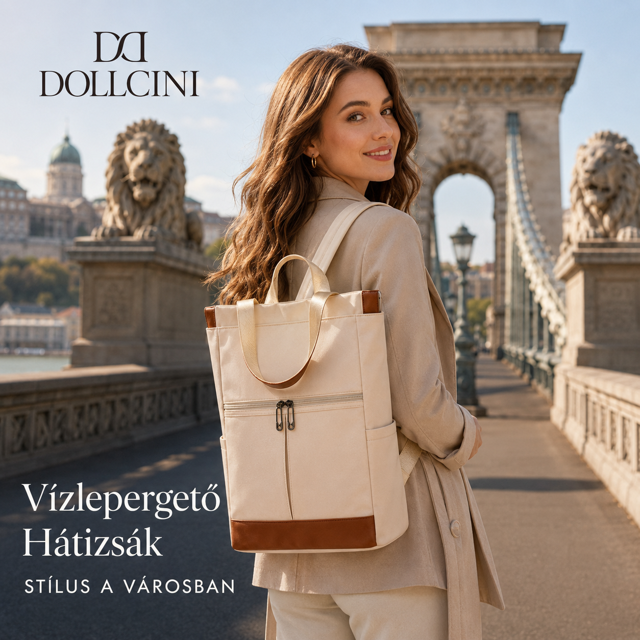 Dollcini bézs-barna vízlepergető női hátizsák városi használatra, női modellen a budapesti Lánchídon