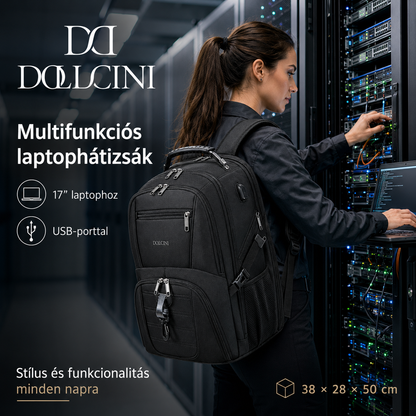 Dollcini Uniszex Laptop Hátizsák – Vízálló Utazóhátizsák, USB Töltőporttal, Fekete