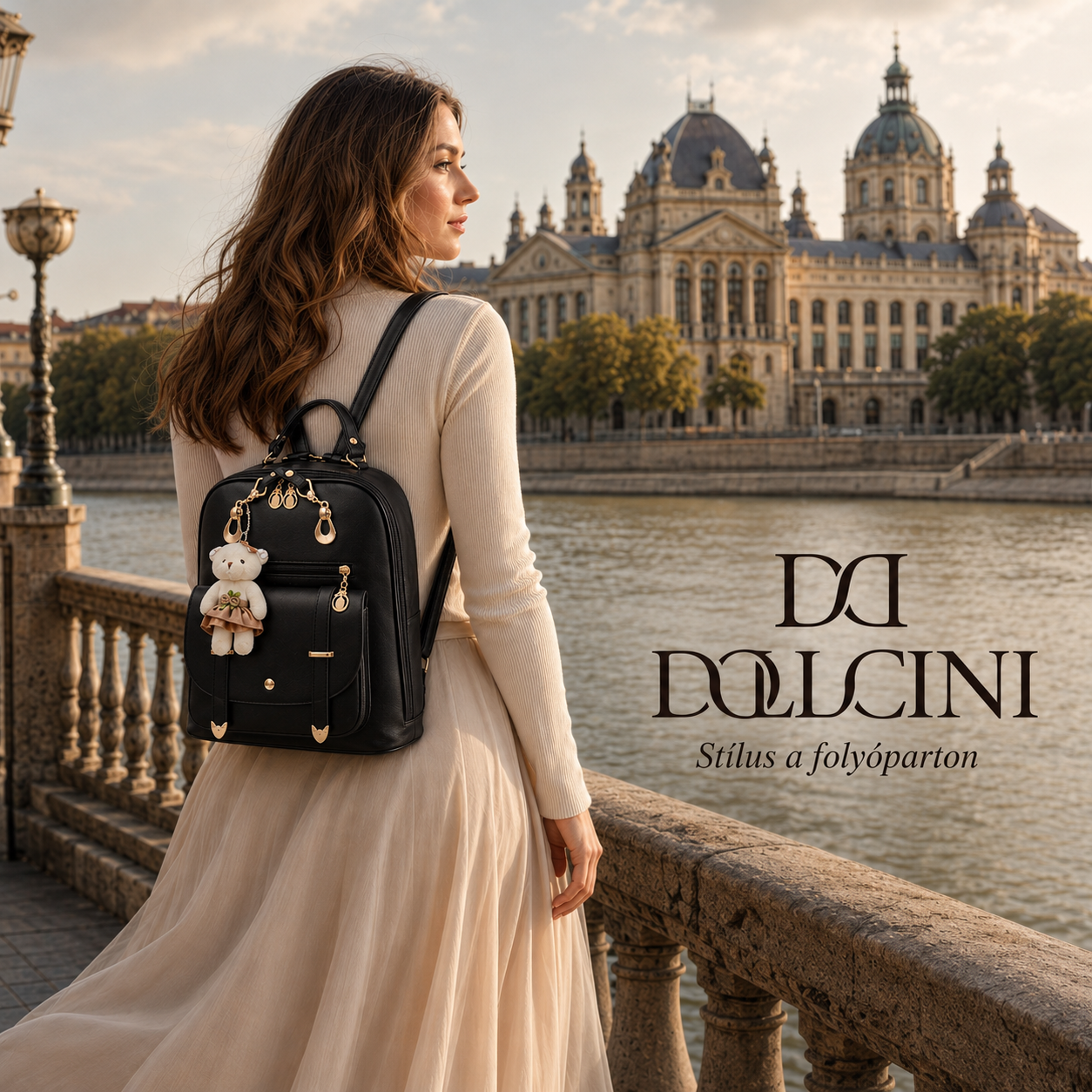 Dollcini Elegáns Fekete Női Hátizsák – Kompakt Műbőr Táska Macis Dísszel