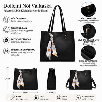 Dollcini Női Válltáska – Fekete Műbőr Kézitáska Kendődísszel