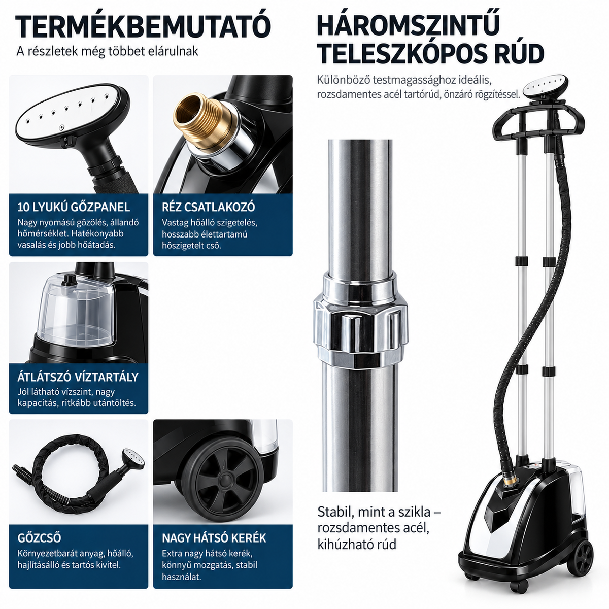 Dollcini Aparat de aburire pentru haine din cupru integral 2200W – rezervor de 35 L, cap de abur cu 10 orificii, negru