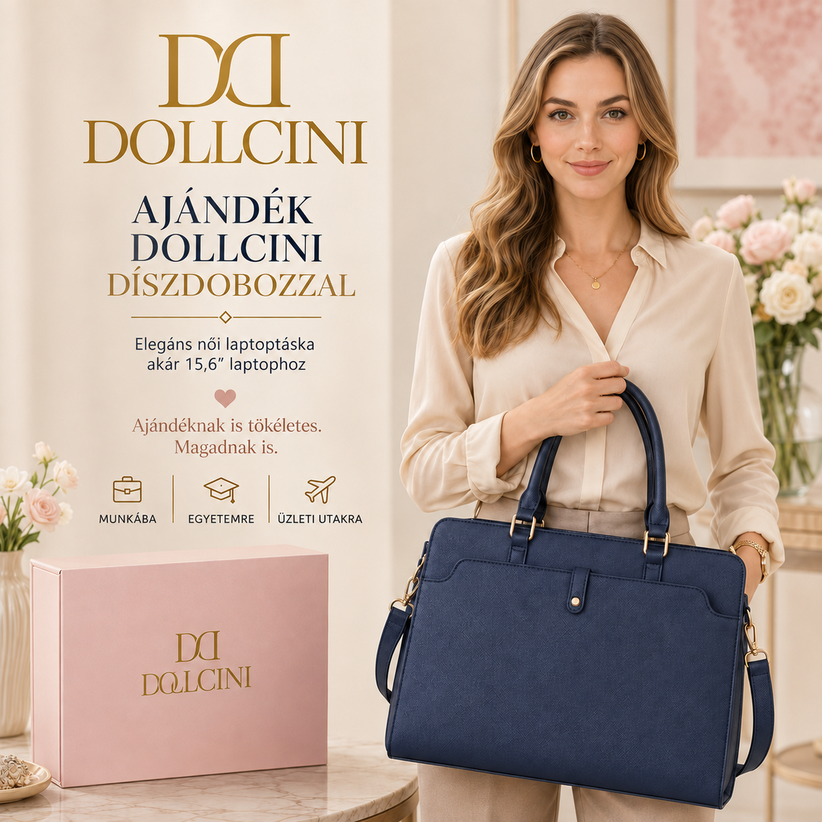 Dollcini Geantă de laptop pentru femei 15,6” – Geantă elegantă neagră de serviciu