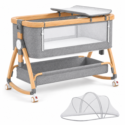 Dollcini Home Foldable Crib Baby Bassinet with Mattress and Storage Basket, Adjustable Height, Gray