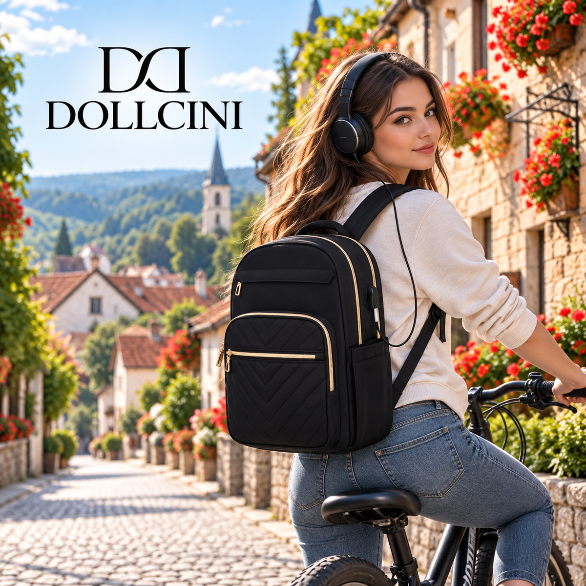 Dollcini ženski mestni nahrbtnik z USB priključkom – lahek, vodoodporen, za 15” prenosnik