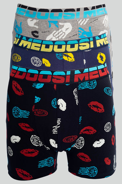 Dollcini Légáteresztő Pamut Férfi Boxeralsó - 95% Pamut, Csókmintás, 3 darabos szett