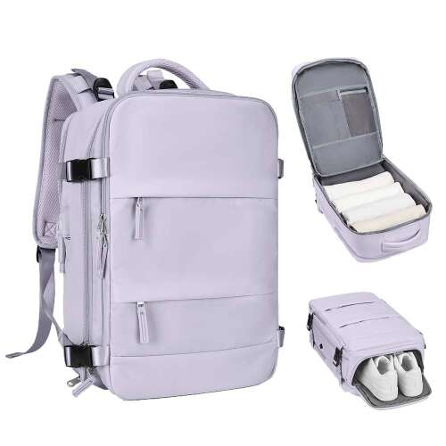 waterproof travel backpack, purple, with shoe compartment and front pockets