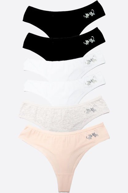 Dollcini, Tanga női bugyi, Cicamintás női bugyi, 95% Pamut + Spandex, Többszínű, 6 db-os Csomag