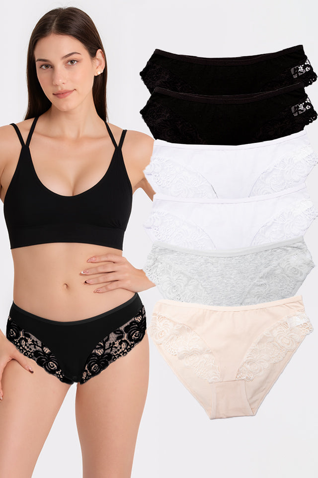 Dollcini ,Klasszikus Női Bugyi, Brazil Női Bugyi, Virágmintás Csipkés Női Bugyi,95% Pamut + Spandex-Többszínű, 6 db-os Csomag,88962