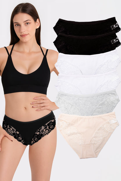 Dollcini ,Klasszikus Női Bugyi, Brazil Női Bugyi, Virágmintás Csipkés Női Bugyi,95% Pamut + Spandex-Többszínű, 6 db-os Csomag,88962